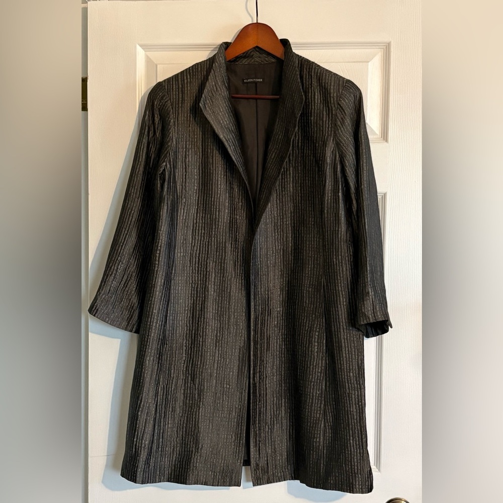 Eileen Fisher Metallic Grey Textured Silk Open Front 3/4 Jacket Size MEDIUM - Picture 5 of 16
